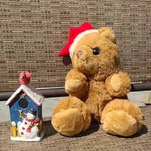 Vintage Holiday Teddy Bear Santa Hat & Cermamic Bird‎ House Bell Bundle